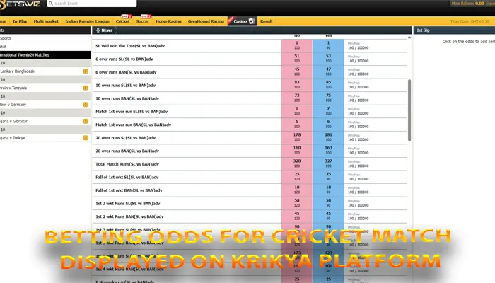 Betting odds for cricket match displayed on Krikya platform